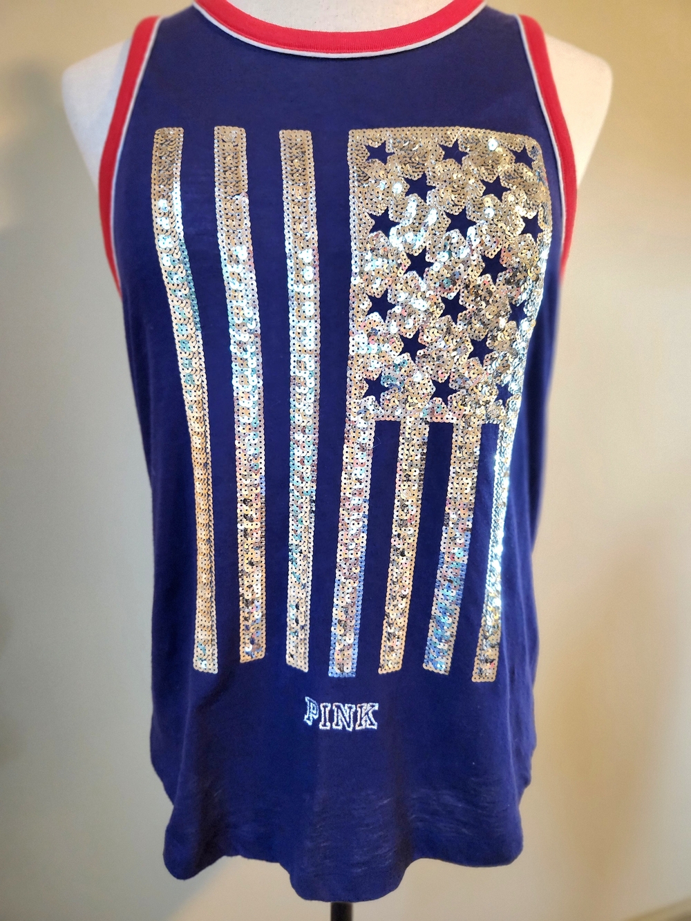 Victoria Secret PINK M Blue Sequin American Flag Muscle Tank Labor Day Americana
